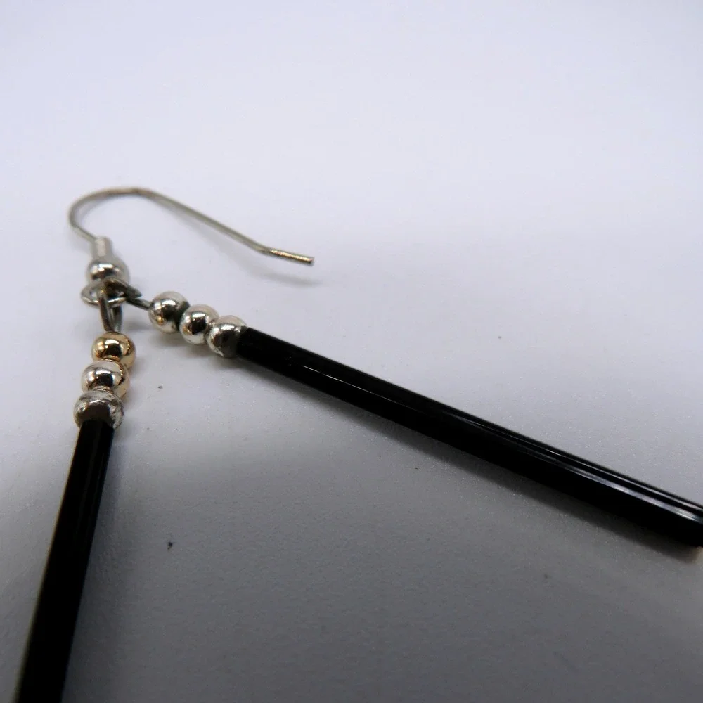 Vintage Black Bugle Bead Dangle Earrings Silver Tone Accents 2 Inch